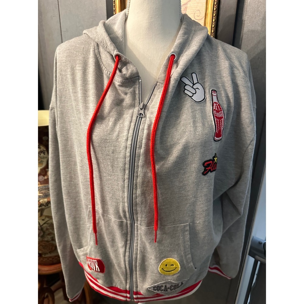 Coca-Cola Womens XL Gray Full Zip Patch Hoodie Sweatshirt Red Striped Trim